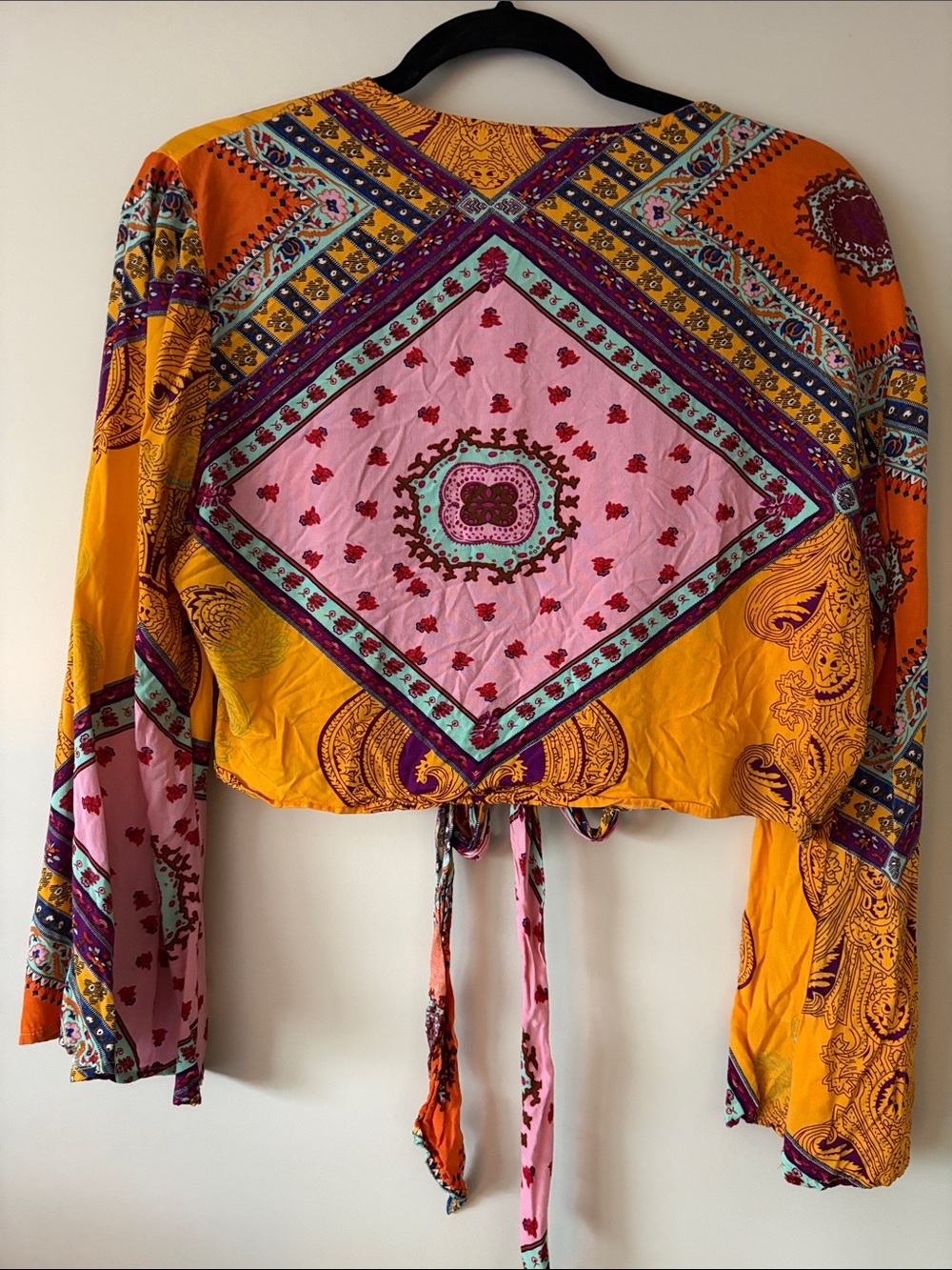 2 piece Bohemian Tie-Front cropped blouse with maxi wrap skirt in Pink & Orange - Picture 4 of 8